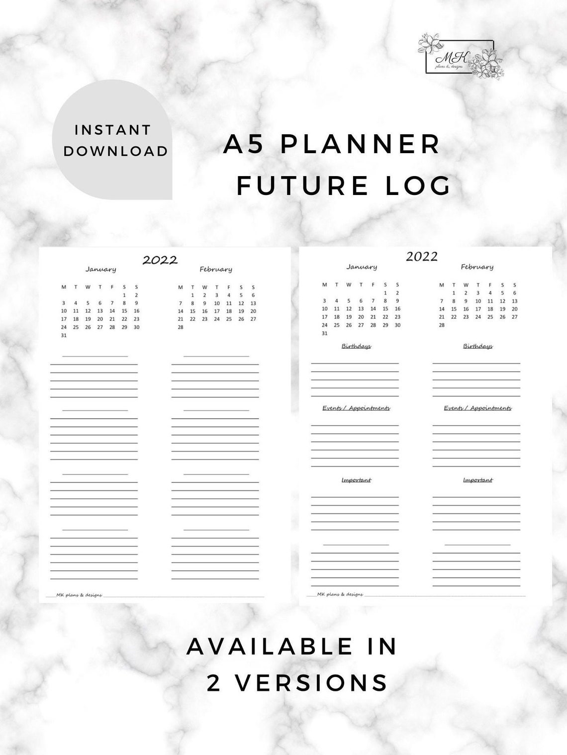 2022 Future Log PRINTABLE A5 Planner Refill, Calendar Overview