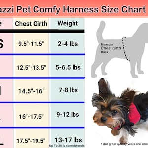 Pu&ograve; includere: Una tabella delle taglie per un'imbracatura per cani, che mostra le diverse taglie e le circonferenze del torace e i pesi corrispondenti in pollici e libbre. La tabella include le taglie XS, S, M, L e XL.