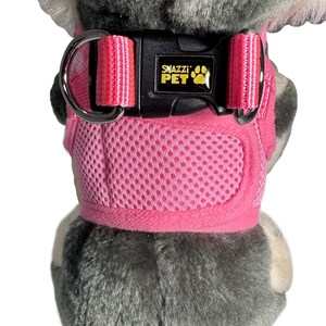 Pu&ograve; includere: Pettorina per cani in rete rosa con fibbia nera regolabile e un anello a D argentato. La pettorina ha le parole "Snazzi Pet" stampate sulla fibbia.