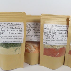 Gourmet Dip Mixes Gift Set of 4 Dips, Bloody Mary Dip Mix, Wasabi Soy Ranch Dip Mix, Horseradish Bacon Dip Mix, Dill Dip Mix