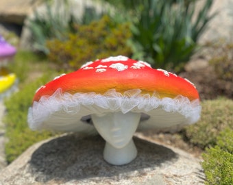 Giant Red Mushroom Hat, 3D Spots, Paper mache-Amanita, Forest Faerie, Renaissance Faire, Cosplay, Wood Nymph, Elven, Pixie, Cottage core