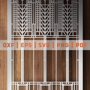 Könnte beinhalten: Dekorative Metallplatte mit geometrischem Design, mit vertikalen und horizontalen Linien und stilisierten baumartigen Formen. Die Platte ist weiß und vor einem Holzgrund platziert. Der Text lautet: DXF | EPS | SVG | PNG | PDF.