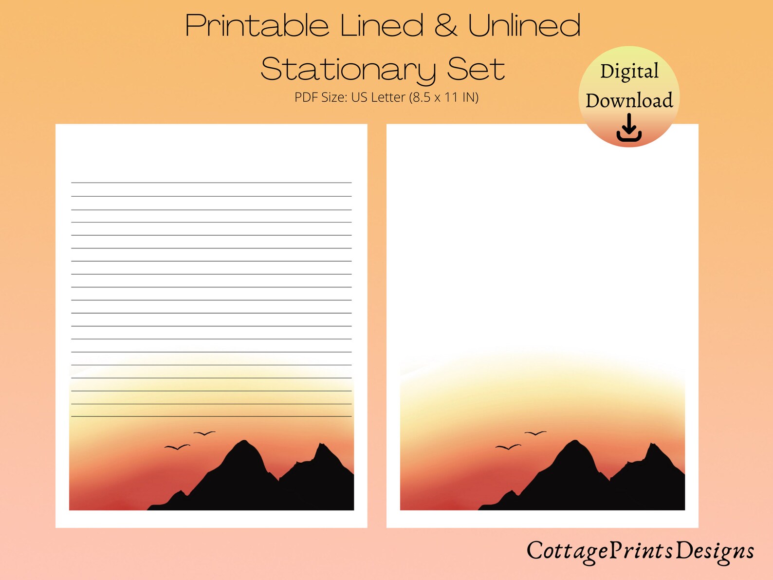 Mountain Sunset Stationary Set - Digital Printable Stationary Set- Sky ...