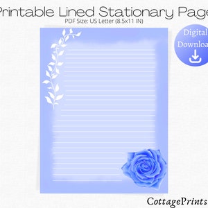 Estacionario imprimible de rosa azul - Estacionario de descarga digital - Carta de EE. UU. 8.5 x 11 IN Estacionario - Estacionario floral