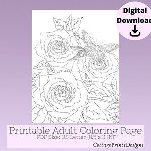 Roses Printable Coloring Page - Butterflies on Roses Adult Coloring Page - Printable Adult Coloring Page