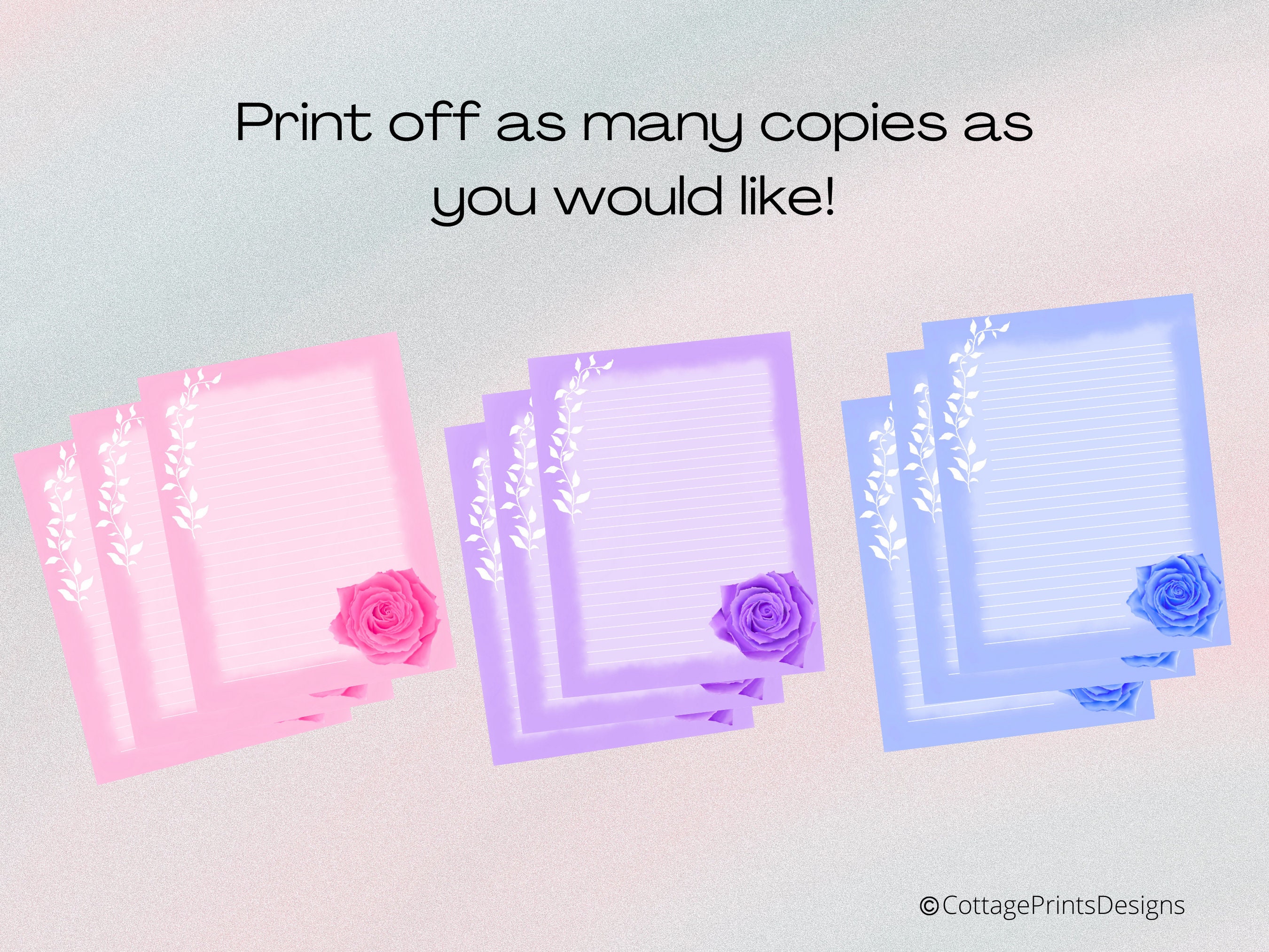 Rose Floral Stationary Set of 3 Pink Blue Purple Rose Botanical ...