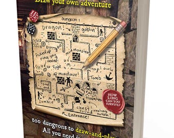 May include: A Book of Dungeon draw your own adventure book featuring a parchment map with hand-drawn dungeon layouts, a wooden pencil, two dice, and a red wax seal graphic with the text How Long Can You Survive? on a stone wall background.