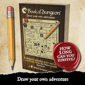 Puede incluir: Un libro titulado "Book of Dungeon" con un lápiz y el texto "Draw your own adventure". El libro presenta un mapa de mazmorras dibujado a mano. Un sello rojo dice "How long can you survive?"