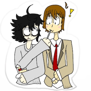 May include: A cartoon illustration of two anime-style characters. One character with black, messy hair and a gray shirt is holding a small box. The other character, wearing a tan suit and red tie, is holding a lollipop. A yellow exclamation point is above the second character's head.