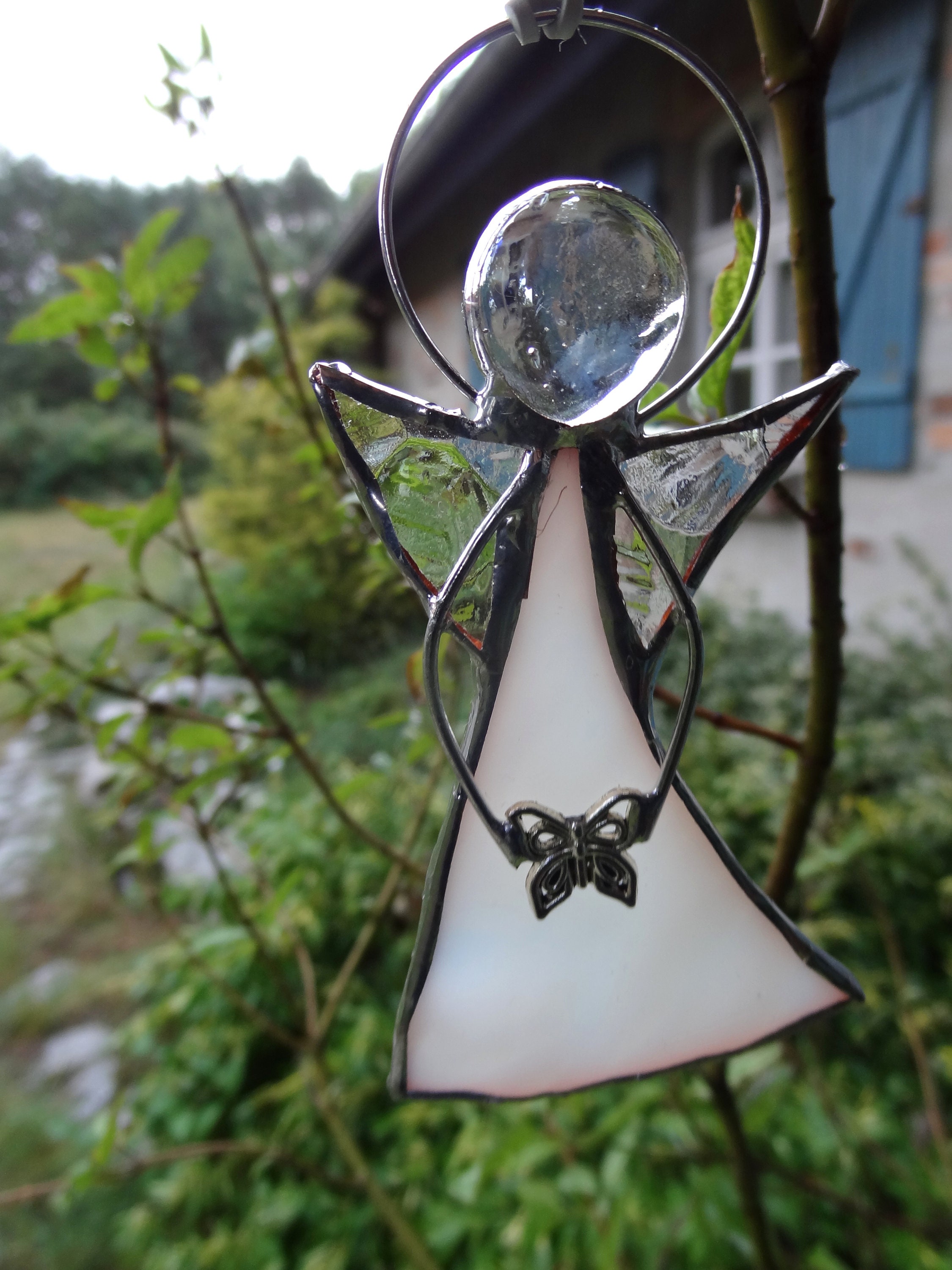 White Stain Glass Angel With Butterfly Ornament Window Decor Etsy