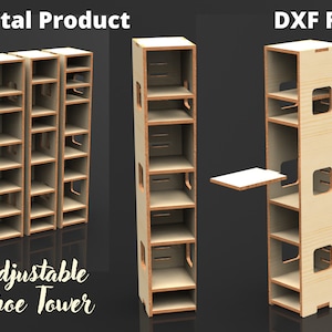 Op de afbeelding: Een digitale download van een DIY-schoenenrekontwerp. Het ontwerp is voor een hoge, smalle toren met meerdere planken. De toren is gemaakt van hout en heeft een lichtbruine kleur. Het ontwerp is beschikbaar in DXF-formaat.