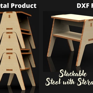 May include: A set of three stackable wooden stools with storage shelves. The stools are made of light brown plywood and have a simple, modern design. The stools can be stacked on top of each other to save space.