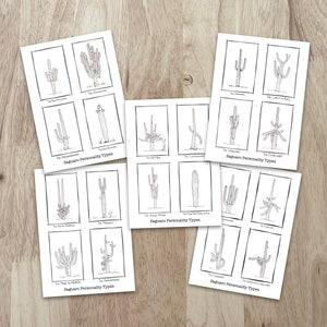 "5er-Set ""Saguaro Personality Type"" Grußkarten." Fünf einzigartige Karten bedeutet insgesamt 20 Persönlichkeiten. Eine Zeichnung von echten Arizona Kakteen!