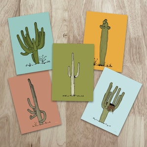 Jeu de 5 cartes de correspondance Saguaro colorées, chacune avec un dessin unique de cactus du désert de Sonora dans des couleurs vives. Cactus pop art !