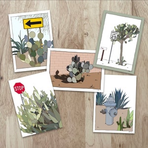 Set van 5 notitiekaarten "Urban Cactus Series". "Alledaagse" kaarten met tekeningen van cactussen en vetplanten in hun geboortestad in de woestijn!