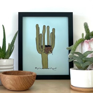 The Raven&#39;s Nest saguaro cactus 8&quot;x10&quot; archival print. Unique and colorful wall decor drawn from an actual Sonoran Desert cactus.