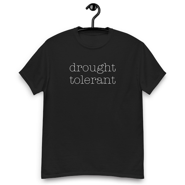 Unisex black "drought tolerant" tee with small saguaro on back - high-quality, 100% cotton