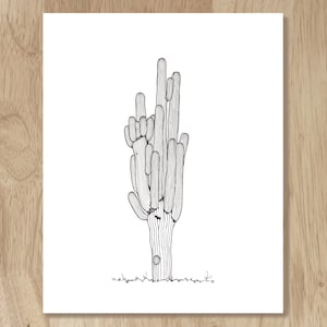 Michael&#39;s Saguaro, 8&quot;x10&quot; archival art print. Lovely black and white art drawn from an actual Sonoran Desert saguaro cactus.