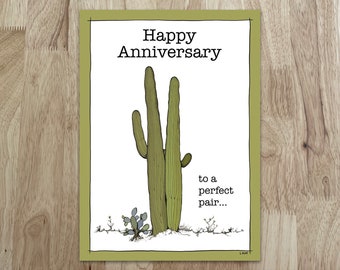 Whimsical Saguaro Anniversary Card - a cactus duo greet you from this sweet card. Inside: "Wishing you a year full of love and sunshine."