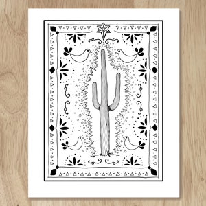 A Saguaro for Good Luck, 8 &quot;x 10&quot; Archivkunstdruck. Lustige, schwarz-weiße Volkskunst, die von einem tatsächlichen Sonoran-Wüste Saguaro-Kaktus gezeichnet wurde.