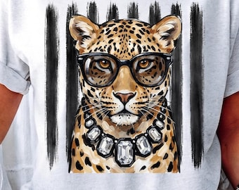 Stripe Leopard, Glam Portrait | Png Dtf Transfer | Black Frame Glasses | 300 Dpi Digital Download
