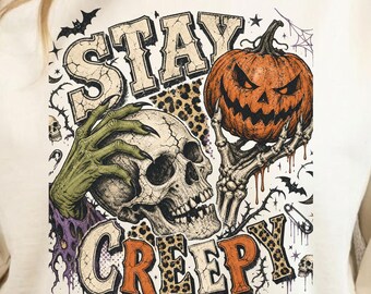 Stay Creepy Orange Skull Pumpkin PNG | Leopard Grunge Sublimation File | Halloween Tee Design