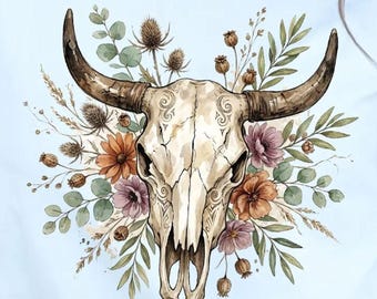 Cow Skull Boho Floral Bull, Western Cowgirl Skull | Sublimation Png | Digital Download
