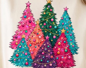 Colorful Christmas, Retro Tree Clipart | Pink Teal Coral Ornaments | Sublimation PNG - T-Shirts Mugs