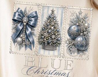 Frosted Blue Tree, Winter Decor | 3 Panel Sublimation PNG | Satin Bow Pearls | Snowflake Frames