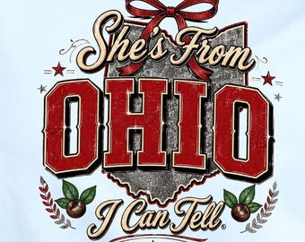 Shes From Ohio, Glitter Grey Silhouette | Red Varsity Lettering | Dtf Png, Buckeye State Pride