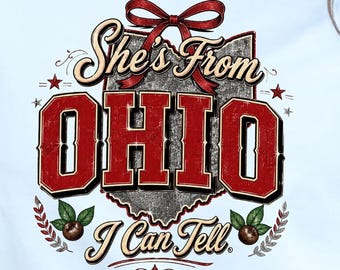 Shes From Ohio, Glitter Grey Silhouette | Red Varsity Lettering | Dtf Png, Buckeye State Pride