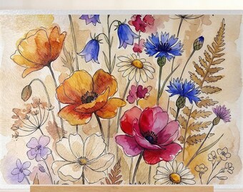 Sublimation Png, Wildflower Watercolor Cutting Board | Boho Floral | Digital Download 16X11 300 Dpi