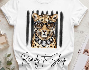 Glam Leopard Shirt Leopard Print Sunglasses Diamond Necklace Tee