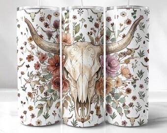 Boho Bull Skull, Sublimation PNG - 20Oz Skinny Western Tumbler | Seamless Floral Wrap | Digital Download