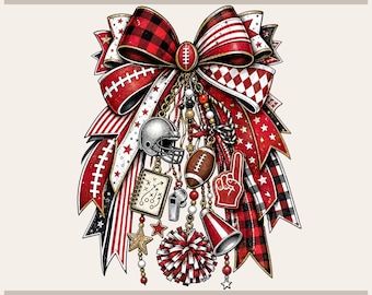 May include: A large decorative bow featuring red, white, and black patterns with football-themed charms including a helmet, a football, a whistle, a playbook, a foam finger, a megaphone, and pom-poms. Text reads Tryon Graphic Designs and Sublimation-DTF-X-Tool-Cricut-Silhouette.