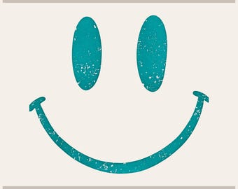 May include: A teal smiley face graphic with a distressed, weathered texture. The design features two vertical oval eyes and a wide, curved mouth. The text Tryon Graphic Designs appears at the top, and ublimation-DTF-X-Tool-Cricut-Silhouette at the bottom.