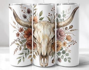 Bull Skull Png, Floral Boho Wrap | Sublimation File | 20Oz Tumbler Template | Western