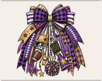 May include: A decorative bow in purple, gold, and white with a plaid and star pattern. Hanging from the bow are charms including a football helmet, a football, a whistle, a play diagram, a foam finger, a megaphone, and a pom-pom.