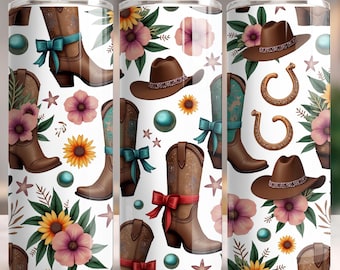 Cowgirl Boots Hat, Seamless Western Tumbler Wrap | High Resolution PNG | 20Oz Skinny Design