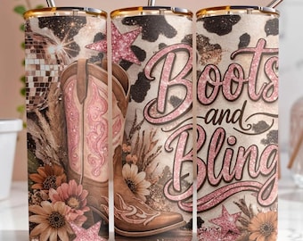 Disco Cowgirl Tumbler Wrap PNG: Boots, Bling, Glitter Cow Print (Digital Download)