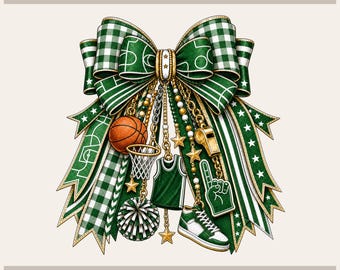 Green Basketball Png, Coquette Hoops Bow | Sublimation File | 4200X4800 Transparent Background