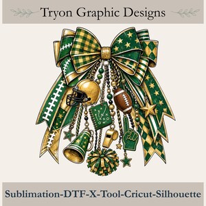 Green Gold Football, Team Spirit Design | PNG Digital File | Plaid Ribbons, Stars, Helmet