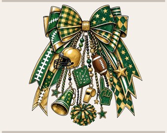 May include: A graphic design by Tryon Graphic Designs featuring a large green and gold bow with football-themed charms including a helmet, football, megaphone, whistle, playbook, pom-pom, and foam finger, labeled Sublimation-DTF-X-Tool-Cricut-Silhouette.