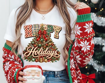 Happy Holidays Retro Tree PNG – Christmas Sublimation Design