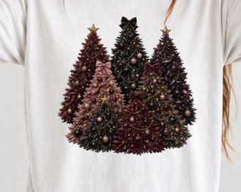 Black Christmas Tree, Moody Holiday PNG | Burgundy Pine Trio | Transparent Wall Art File