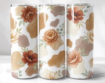 Floral Cow Print, Rust Caramel Boho Tumbler Wrap | Sublimation PNG | 20Oz Skinny Seamless