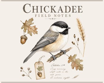 May include: A digital graphic design featuring a black-capped chickadee perched on a branch, surrounded by oak leaves, acorns, and wheat stalks. Text includes Tryon Graphic Designs, Chickadee Field Notes, and handwritten-style script.