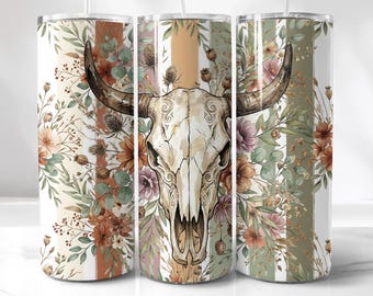 Bull Skull Tumbler Wrap,Boho Floral Western Cowgirl Sublimation Png | 20Oz | Digital Design