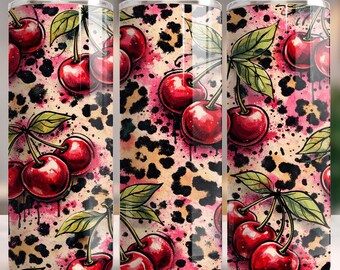 Cherry Leopard Print Tumbler Wrap, Retro Punk Sublimation PNG (Digital Download)