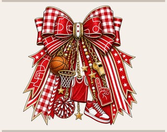 Red Basketball Png, Coquette Ribbon Art | Gingham | Sublimation File, 4200X4800 Transparent